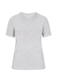 Grå kortærmet t-shirt lavet af blødt bomuldsblanding med ribbede detaljer på ærmerne og en rund halsudskæring. Glat tekstur hele vejen igennem.