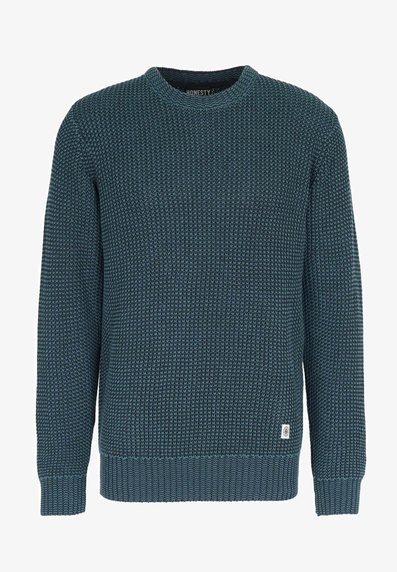 Strickpullover in dunkeltürkis mit strukturiertem Muster, Rundhalsausschnitt, gerippten Bündchen und Saum, mit einem kleinen Logo auf der unteren Seite.