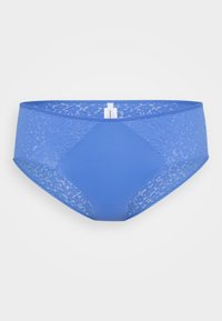 Sous-vêtements en dentelle bleue avec un panneau central plein. Présente une ceinture lisse et un motif en dentelle florale sur les côtés. Texture douce.