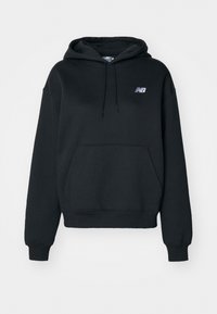 Hoodie noir en mélange de coton, avec poche kangourou, capuche à cordon de serrage et logo brodé sur la poitrine gauche.