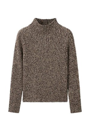Suéter de punto jaspeado marrón y beige con mangas largas y cuello alto acanalado, exhibido sobre un fondo blanco.