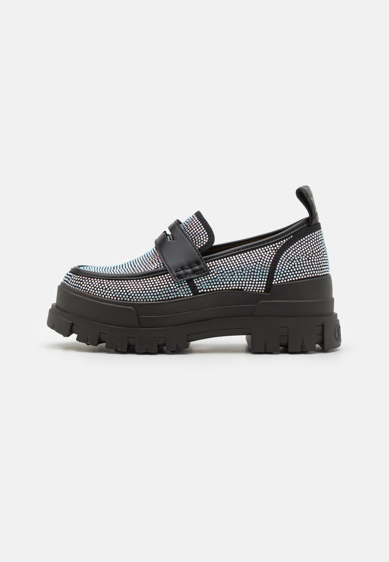 Pantofi slip-on negri cu platformă, cu un design împodobit cu rhinestone-uri, accent din piele netedă și talpă din cauciuc texturat.