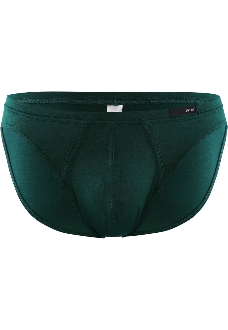 Slip scuro verde realizzato in tessuto morbido, con un design a vita bassa, dettagli cuciti e un piccolo etichetta sulla vita.