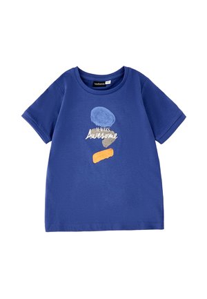 Maglietta a maniche corte blu con forme astratte in blu, grigio e arancione e scritta "Always Awesome" stampata in bianco sul davanti.