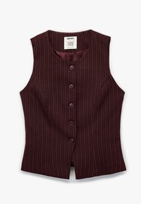 Bordowy bezrękawnik w pionowe prążki, z dekoltem w serek, z przodu zapinany na guziki oraz dwoma bocznymi kieszeniami.