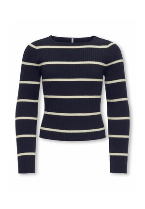 Pull à côtes bleu marine à manches longues avec des rayures crème horizontales et une taille légèrement cintrée.