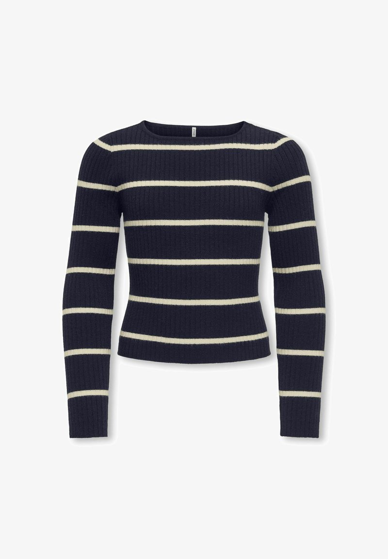 Pull à côtes bleu marine à manches longues avec des rayures crème horizontales et une taille légèrement cintrée.