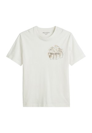 White cotton t-shirt featuring a light beige graphic on the left chest with "Marc O'Polo" text. Short sleeves and crew neck design.