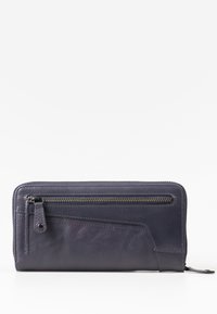 Paarse leren portefeuille met een gestructureerd oppervlak, voorzien van een ritssluiting, decoratieve stiksels en een buitenritszak.
