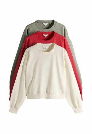 Three long-sleeve crewneck sweatshirts in cream, red, and olive green stacked vertically on a white background.