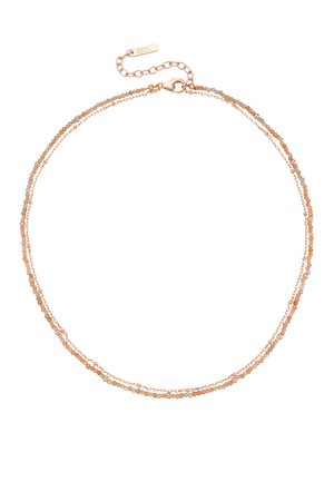 Doppellagige filigrane Halskette mit kleinen orangen und beigen Perlen und dünnen Roségoldketten, ausgestattet mit Karabinerverschluss und verstellbarem Längenanhänger.