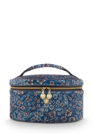 Gevoerde blauwe cosmeticatas in rechthoekige vorm met bloemenpatroon, voorzien van een handvat aan de bovenkant en gouden ritsen met camee-ontwerpen.