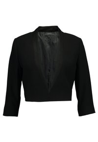 Blazer negro corto de tela suave, con un escote en V profundo y mangas de 3/4. Forrado por dentro con un material brillante.