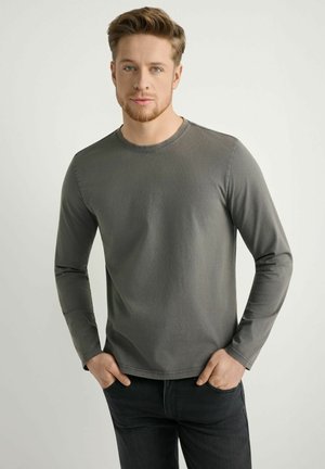 Koszula z długim rękawem w ciemnoszarym kolorze, wykonana z bawełny, z okrągłym dekoltem. Charakteryzuje się subtelnym przeszyciem i gładką, teksturowaną tkaniną.