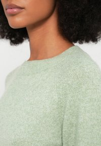 Vaaleanvihreä neulepaita, joka on valmistettu pehmeästä, teksturoidusta kankaasta. Siinä on pyöreä pääntie ja raglan-hihat, ja se edustaa mukavaa, rentoa tyyliä.