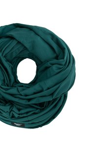 Tealowy okrągły szalik z miękkiego, teksturowanego materiału, z warstwowymi fałdami i otworem pośrodku do układania. Widoczna czarna metka marki.