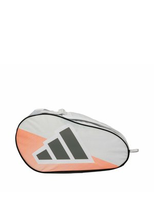 Borsa per racchette da tennis bianca e arancione con cerniera nera e grande logo Adidas grigio scuro sul lato.