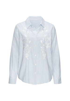 Lichtblauw-wit gestreept overhemd met lange mouwen, witte bloemenborduursels aan de voorkant en een boord met knoopsluiting.