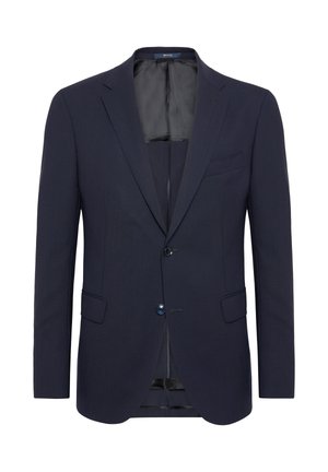 Navy modrý blazer vyrobený z hladké tkaniny, se dvěma knoflíky, klopou s výstřihem a předními kapsami. Uvnitř má černou podšívku.
