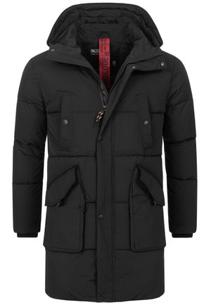 Schwarze gepolsterte Jacke mit abnehmbarer Kapuze, mehreren Fronttaschen und verstellbarem Kordelzug. Verfügt über einen Reißverschluss und Druckknopfverschluss.