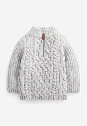 Hellgrauer gestrickter Pullover für Kleinkinder mit Zopfmuster, gerippten Ärmeln, hohem Kragen und kurzem Frontreißverschluss mit Lederlasche.