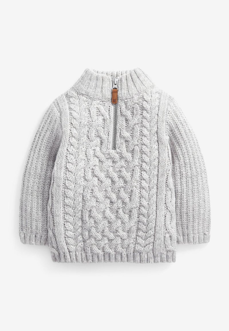 Pull tricoté gris clair pour tout-petit avec motifs torsadés, manches côtelées, col montant et une courte fermeture éclair à l’avant avec une tirette en cuir.