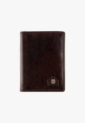 Braune Leder-Geldbörse mit glatter Oberfläche, versehen mit einem goldenen, geprägten Logo in der unteren rechten Ecke und kontrastierenden Nähten entlang der Kanten.