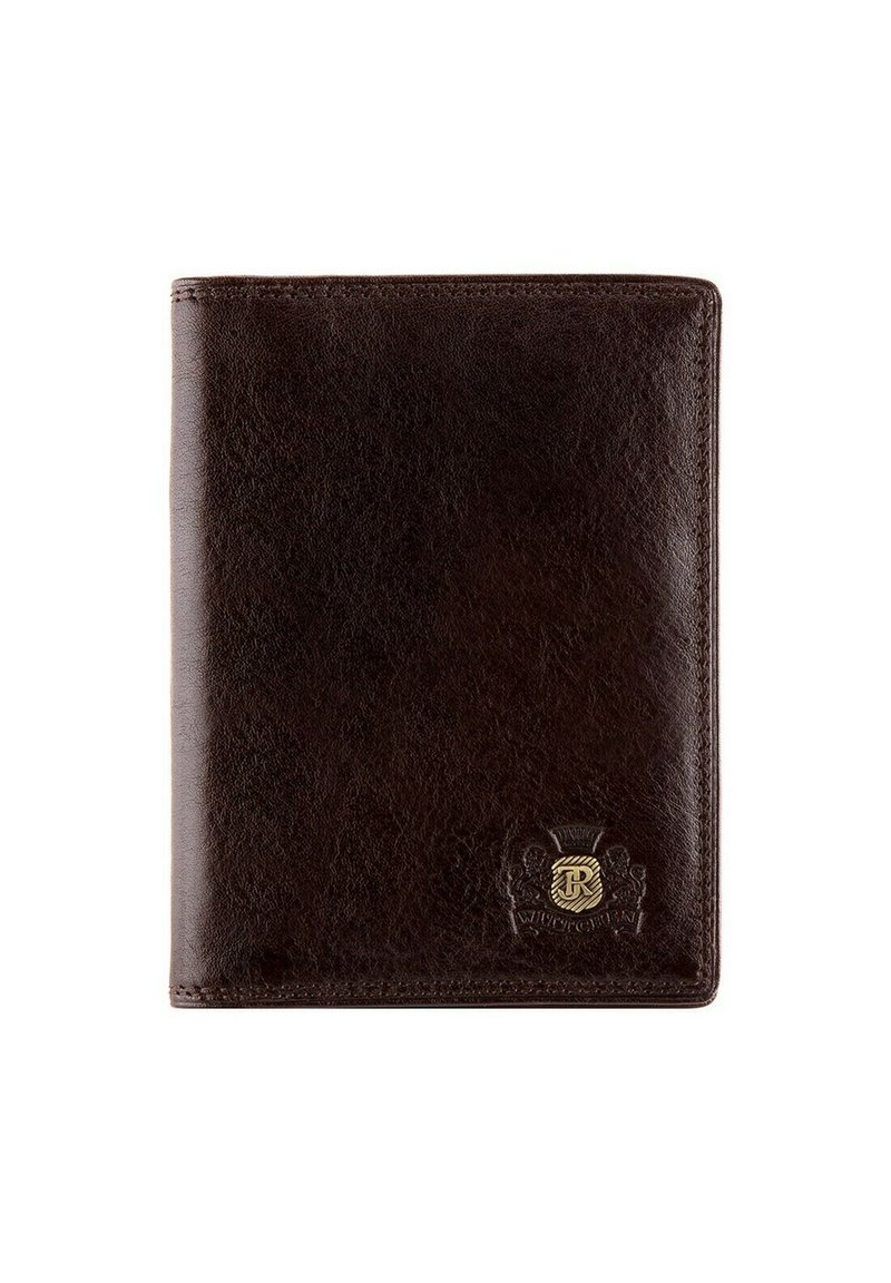Brown leather wallet with a smooth texture, featuring a gold embossed logo at the bottom right corner and contrasting stitching along the edges.