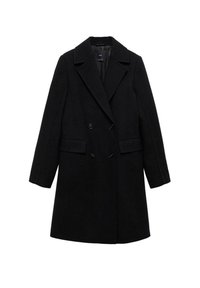 Manteau long noir croisé avec de larges revers, deux poches avant à rabat et une doublure intérieure lisse.