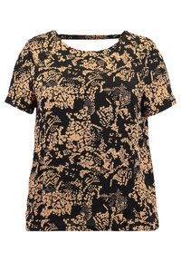 Haut noir avec un col rond, des manches courtes et un détail découpé. Présente un motif abstrait crème sur l'ensemble. Texture lisse.