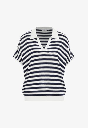 Pruhovaný pletený polo top v námořnické modré a bílé barvě, s výstřihem ve tvaru V, krátkými rukávy a ribbovaným lemem. Texturovaná látka s různými šířkami pruhů.