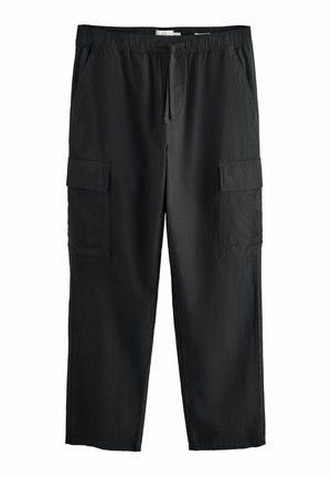 Svarta cargobyxor i ett lättviktigt material, med elastisk midja, snörning och två stora sidofickor för förvaring.