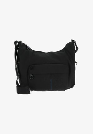 Borsa a spalla nera in nylon con finitura texturizzata, dotata di chiusura con zip superiore, tracolla regolabile e tasca esterna con zip.