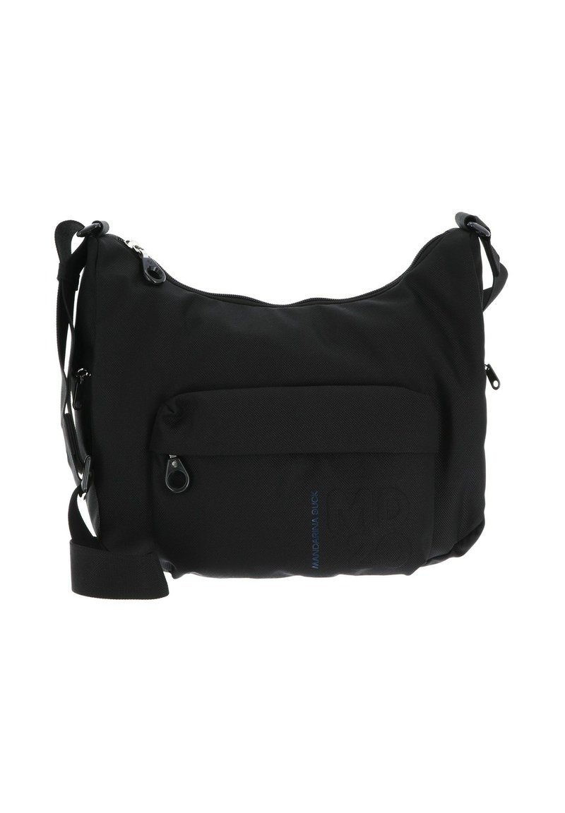 Borsa a spalla nera in nylon con finitura texturizzata, dotata di chiusura con zip superiore, tracolla regolabile e tasca esterna con zip.