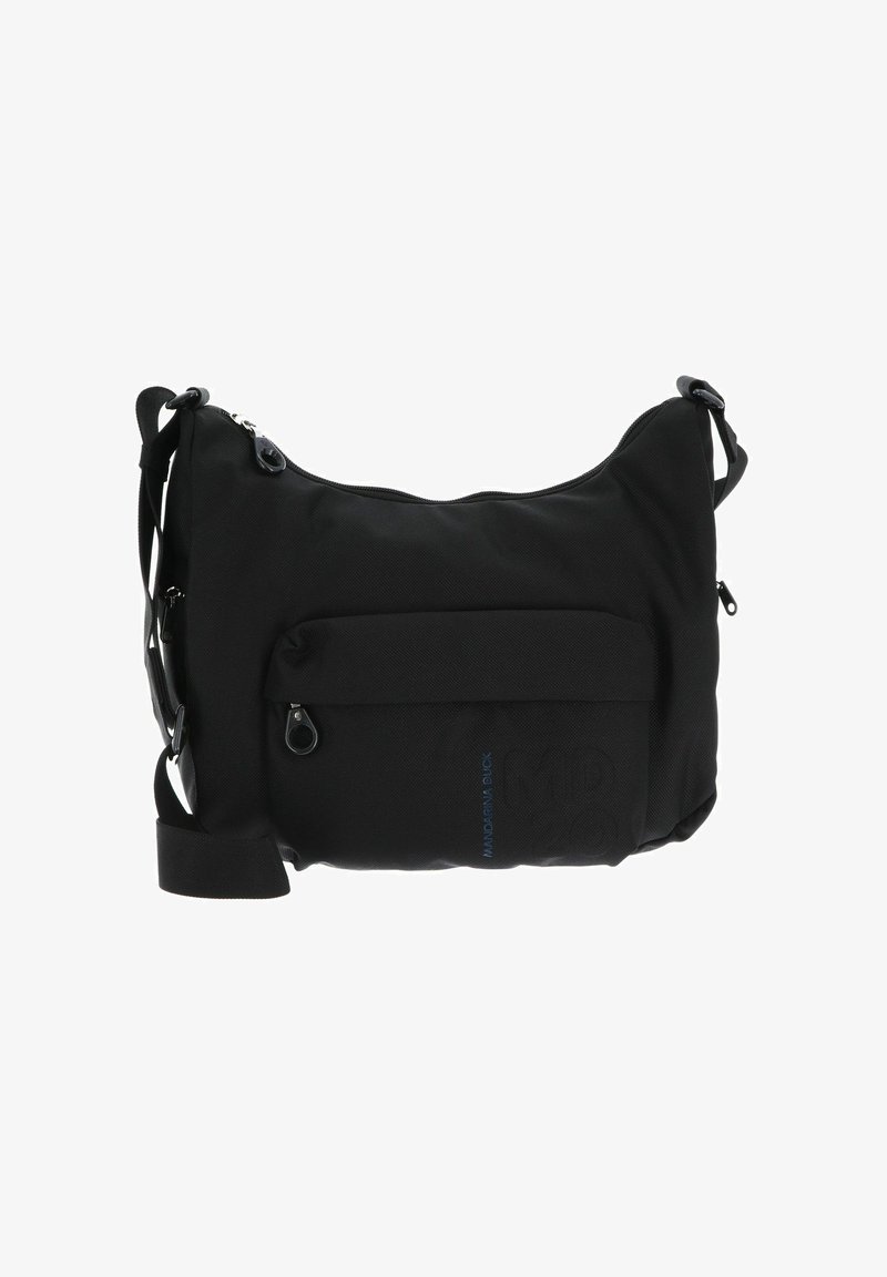 Borsa a spalla nera in nylon con finitura texturizzata, dotata di chiusura con zip superiore, tracolla regolabile e tasca esterna con zip.