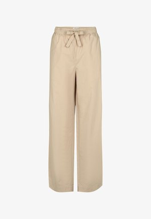 Beige vid bukse laget av lett stoff. Har elastisk midjebånd med et stoffbånd. Glatt tekstur og minimalistisk design.