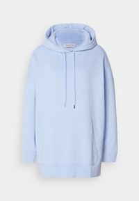 Sweat à capuche oversize bleu clair avec poche ventrale, capuche à cordon de serrage et poignets côtelés, présenté sur un fond blanc.