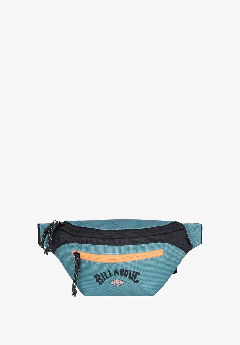 Marsupio teal e nero con tasca frontale con zip, accentato da una zip arancione e il logo Billabong. Realizzato in nylon resistente con una forma moderna.