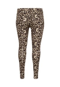 Leggings en imprimé léopard avec une coupe ajustée, une texture lisse et une taille haute. Les couleurs incluent des nuances de marron et de beige.