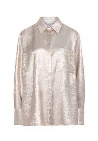 Metallic silver long-sleeve shirt featuring a collar, button closure, and one chest pocket. Smooth texture with a slight sheen.