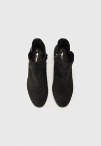 Black suede ankle boots with a low heel, featuring a side zipper and an open collar design for easy wear. Size 37 indicated inside.