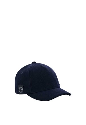 Berretto da baseball blu navy scuro con visiera curva e piccolo patch rotondo con logo sul lato.