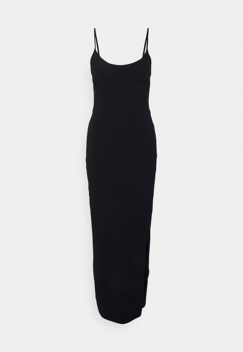 Robe maxi noire sans manches avec fines bretelles et une fente latérale, présentée sur un fond clair uni.