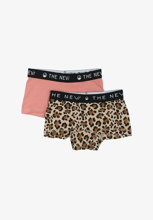 Kaks paari poiste aluspükse, üks pehmelt roosa ja teine leopardimustriga, mõlemad mustade elastsete vöödega, millel on kiri "UUUS."