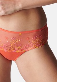 Orange Netzunterwäsche mit filigraner floral embellierter Stickerei in Pink und Gelb entlang des Bundes, ausgestattet mit einem glatten, taillierten Design.