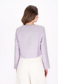 Top corto a maniche corte in lavanda con una scollatura rotonda, caratterizzato da una silhouette squadrata e dettagli delle cuciture visibili sul retro.