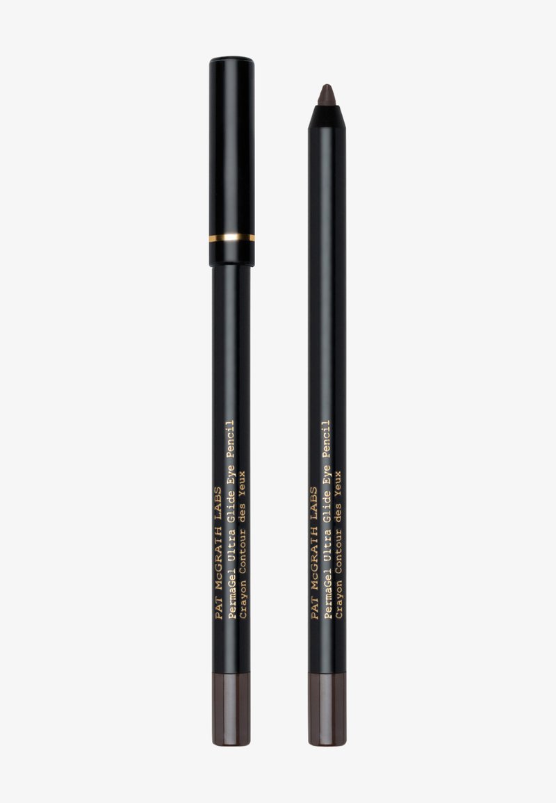 Schwarzer Eyeliner-Stift mit glänzendem Finish, ausgestattet mit einem goldenen Akzentband und seitlich mit Produktdetails in goldener Schrift beschriftet.