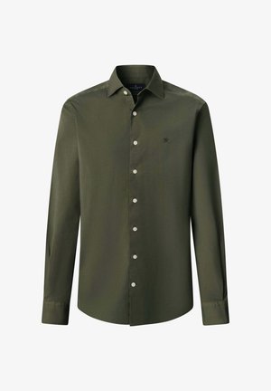 Camicia a maniche lunghe verde oliva realizzata in tessuto liscio, con chiusura frontale con bottoni, piccolo logo sul petto e colletto classico.