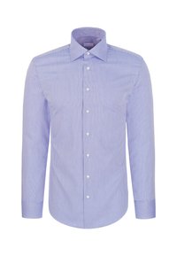 Chemise habillée pour homme à manches longues avec boutons, bleu clair avec fines rayures verticales et col pointu, vue de face.