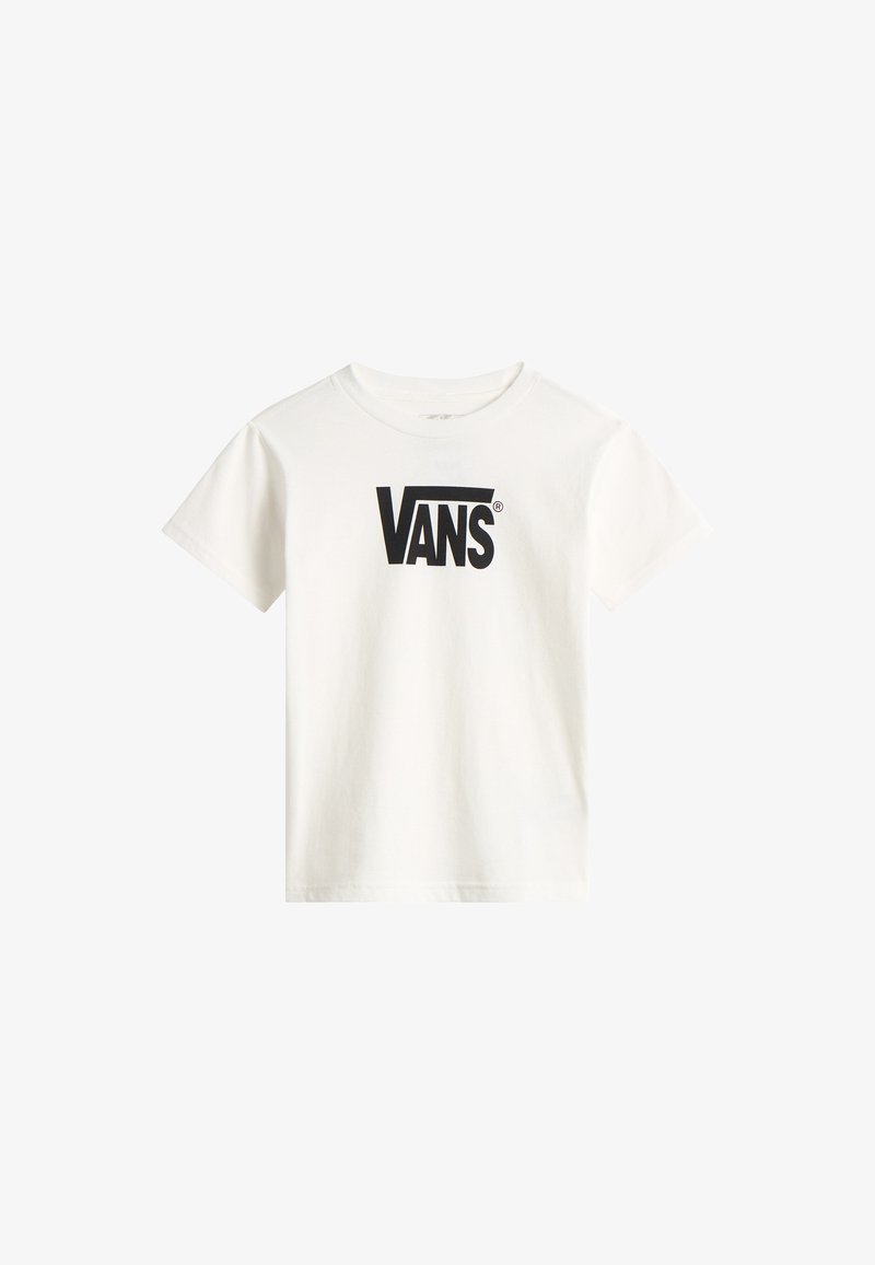 T-shirt en coton blanc avec un grand logo noir "VANS" sur la poitrine. Col rond classique, manches courtes et ourlet droit standard.